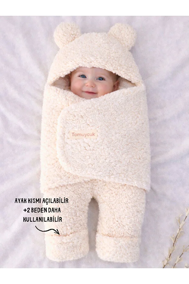 0-12 Ay İçi Elyaflı Peluş Welsoft Kulaklı Ekru Dış Bebek Kundak & Battaniyesi Kışlık Uyku Tulumu